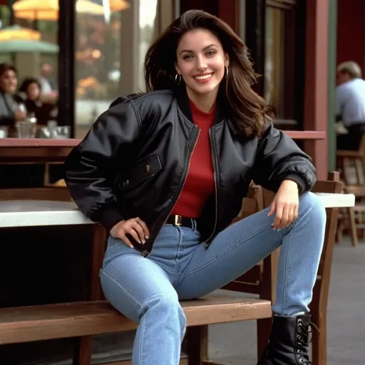 Prompt: still frame, 1990s movie, beautiful brunette italian american woman, wearing bomber jacket, jeans, thick black work boots, smilling, sitting outside restaurant, autumn, new jersey