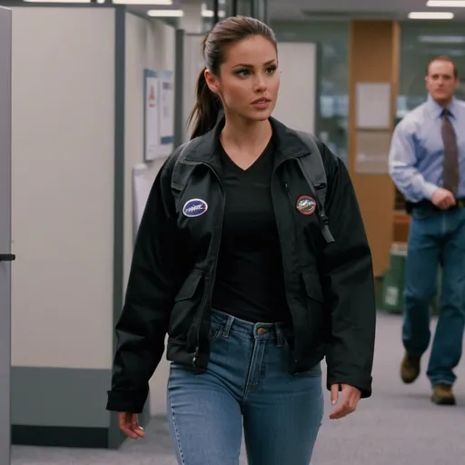 Prompt: still frame, 2000s movie, brunette ponytail woman, wearing black work jacket, jeans, thick black steel toe hiking boots, american office