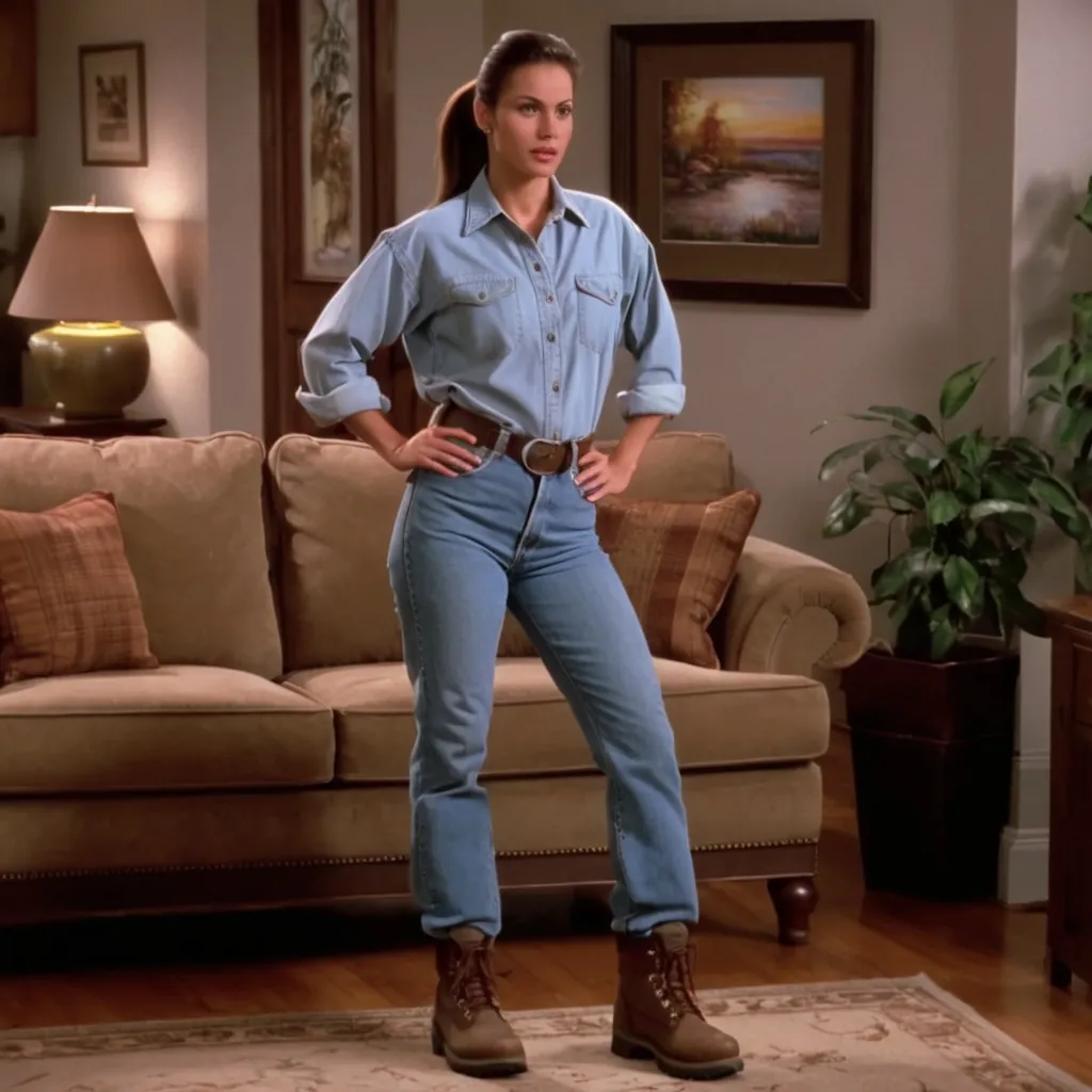 Prompt: still frame, 1990s movie, brunette ponytail woman, wearing shirt, jeans, thick light brown steel toe hiking boots, american living room, arms held behind back