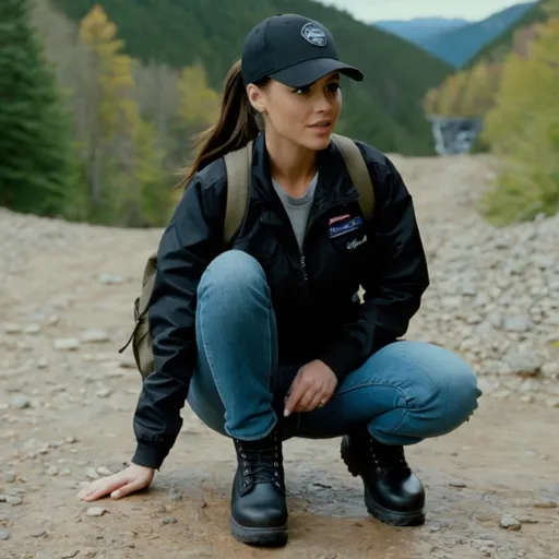Prompt: still frame, 2000s movie, brunette ponytail woman, wearing black cap, black work jacket, jeans, thick black steel toe hiking boots, american office