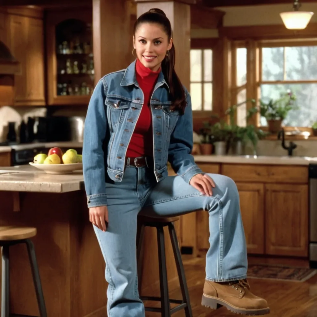 Prompt: still frame, 2000s movie, brunette ponytail woman, wearing jean jacket, jeans, thick light brown steel toe hiking boots, american living room, leaning on kitchen stand, living room, long pants, house party