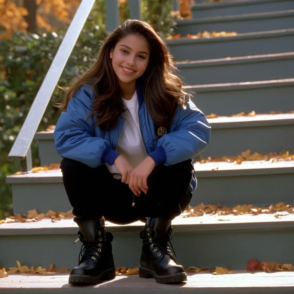 Prompt: still frame, 1990s movie, beautiful brunette latina teenage girl, wearing bomber jacket, baggy black jeans, thick black timberlend boots, smilling, standing on stairs, autumn, new jersey