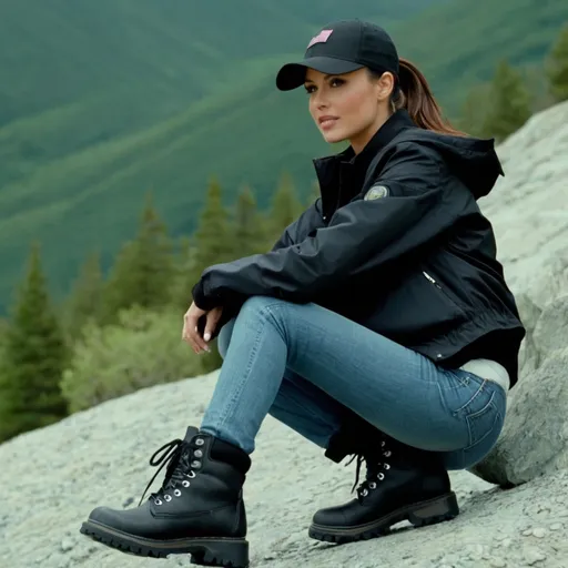 Prompt: still frame, 2000s movie, brunette ponytail woman, wearing black cap, black work jacket, jeans, thick black steel toe hiking boots, american office