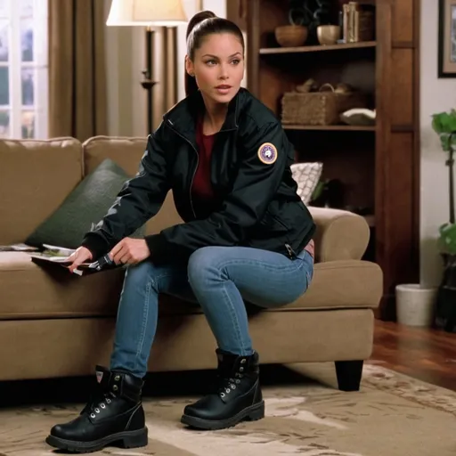 Prompt: still frame, 2000s movie, brunette ponytail woman, wearing black jacket, jeans, thick black steel toe hiking boots, american living room