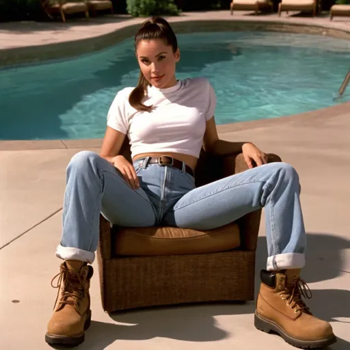 Prompt: still frame, 1990s movie, brunette ponytail woman, wearing shirt, jeans, thick light brown steel toe hiking boots, american living room, lying on chair, swimming pool