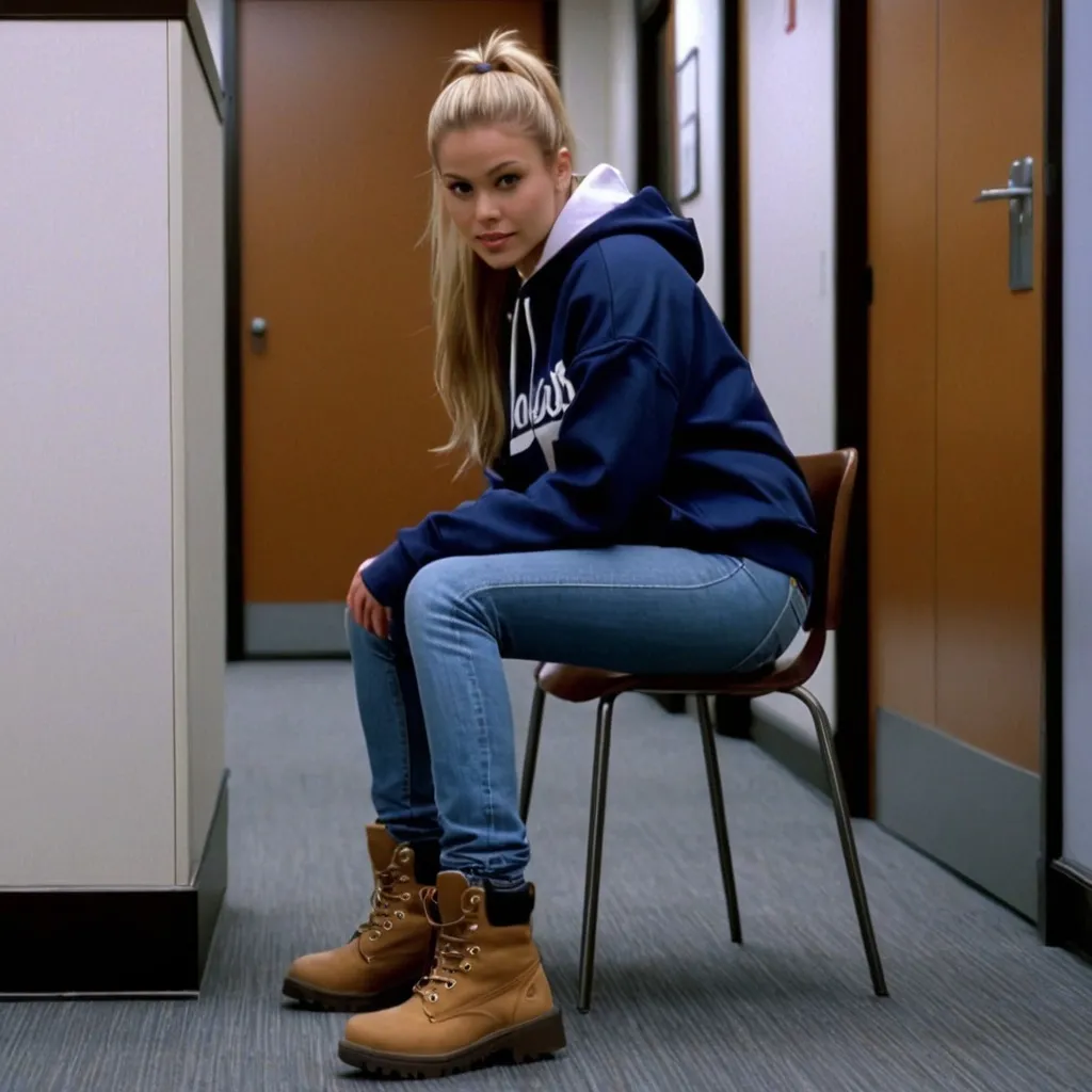 Prompt: still frame, 2000s movie, blonde brunette ponytail girl, wearing dark blue work hoodie, jeans, thick light brown steel toe timberlend boots, office hallway, on chair