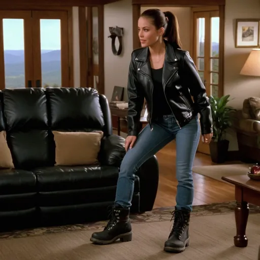 Prompt: still frame, 2000s movie, brunette ponytail woman, wearing black jacket, jeans, thick black steel toe hiking boots, american living room