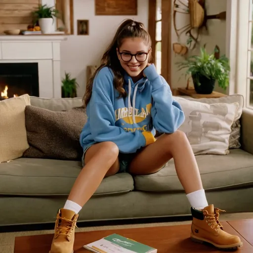 Prompt: still frame, 1990s movie, beautiful brunette ponytail teenage girl, wearing hoodie, glasses, shorts, thick light brown timberland boots, smiling, sitting on couch, malibu house, with friends