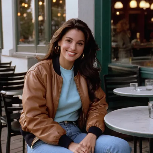 Prompt: still frame, 1990s movie, beautiful brunette italian american woman, wearing bomber jacket, jeans, thick black work boots, smilling, sitting outside restaurant, autumn, new jersey