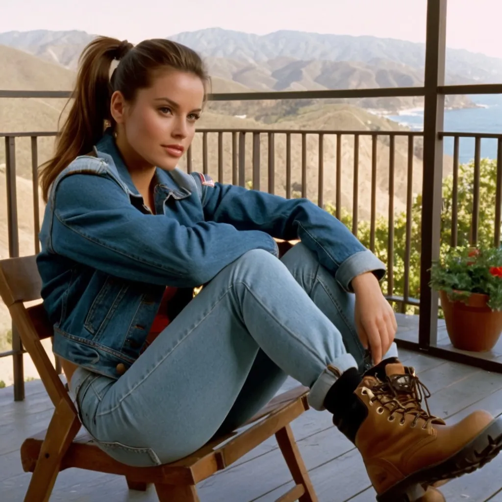 Prompt: still frame, 1990s movie, brunette ponytail woman, wearing jean jacket, jeans, thick light brown steel toe hiking boots, american living room, lying on chair, balcony, malibu,