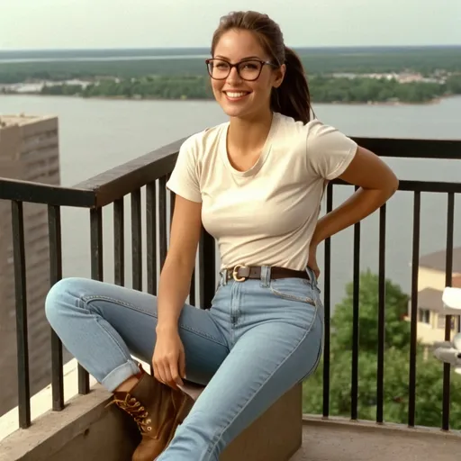 Prompt: still frame, 1990s movie, beautiful brunette ponytail reporter woman, wearing t-shirt, glasses, jeans, thick light brown timberland boots, smilling, sitting in balcony, legs up, summer, new jersey