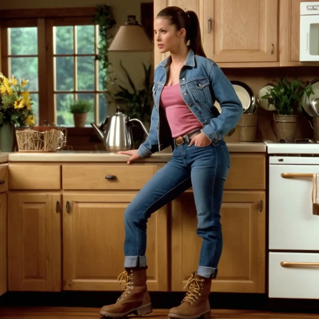 Prompt: still frame, 2000s movie, brunette ponytail woman, wearing jean jacket, jeans, thick light brown steel toe hiking boots, american living room, leaning on kitchen stand, living room, long pants, hands crossed