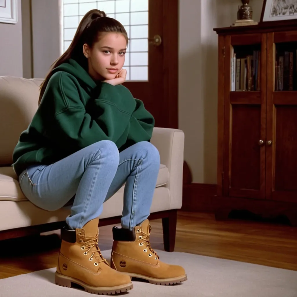 Prompt: still frame, 1990s movie, shy brunette ponytail teenage girl, wearing big hoodie, jeans, thick light brown timberland boots, american living room, 