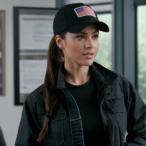 Prompt: still frame, 2000s movie, brunette ponytail woman, wearing black cap, black work jacket, jeans, thick black steel toe hiking boots, american office