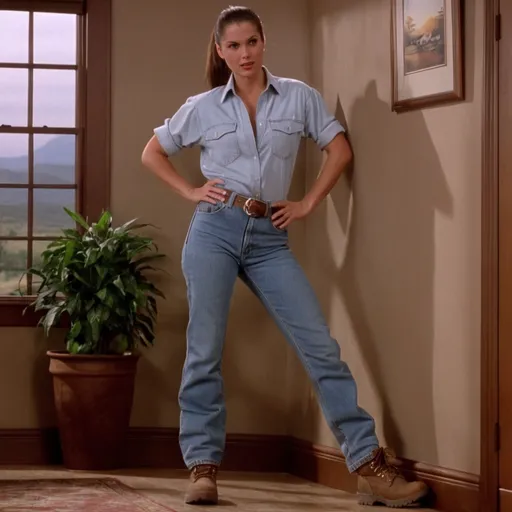 Prompt: still frame, 1990s movie, brunette ponytail woman, wearing shirt, jeans, thick light brown steel toe hiking boots, american living room, holds back against wall