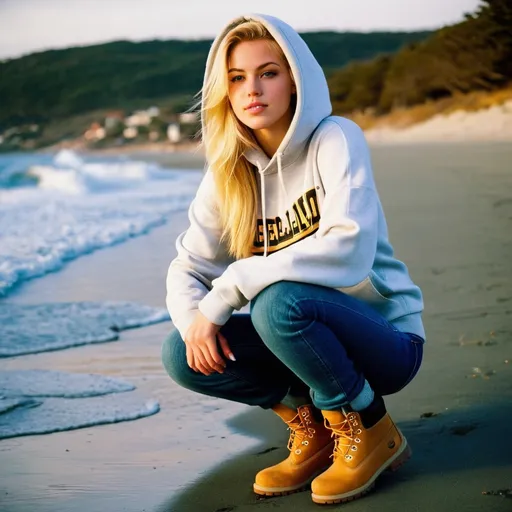 Prompt: beautiful blonde college girl, wearing wearing a hoodie , jeans and heavy timberland boots, beach, 2002 style