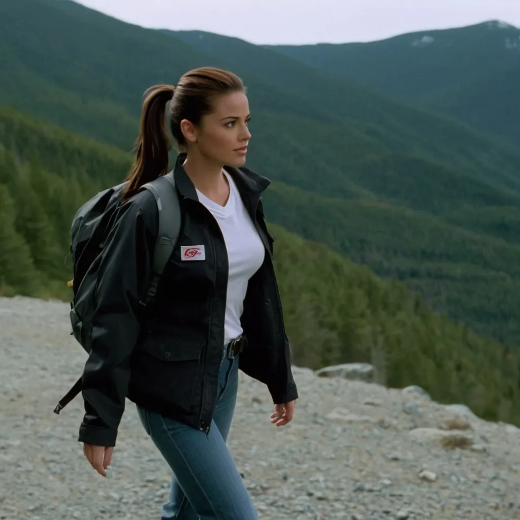 Prompt: still frame, 2000s movie, brunette ponytail woman, wearing black work jacket, jeans, thick black steel toe hiking boots, american office