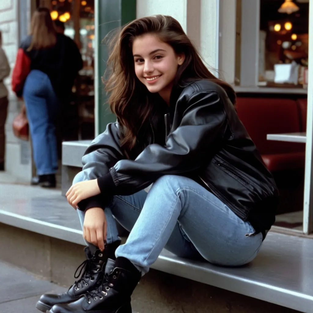 Prompt: still frame, 1990s movie, beautiful brunette italian american teenage girl, wearing bomber jacket, baggy jeans, thick black work boots, smilling, sitting outside restaurant, autumn, new jersey