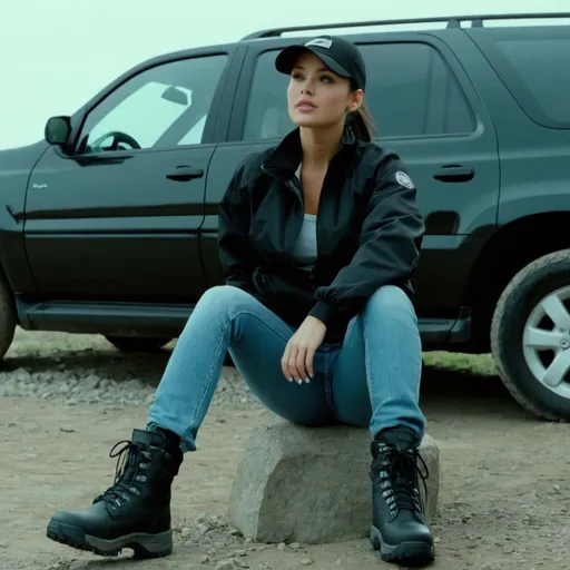 Prompt: still frame, 2000s movie, brunette ponytail woman, wearing black cap, black work jacket, jeans, thick black steel toe hiking boots, sitting in suv