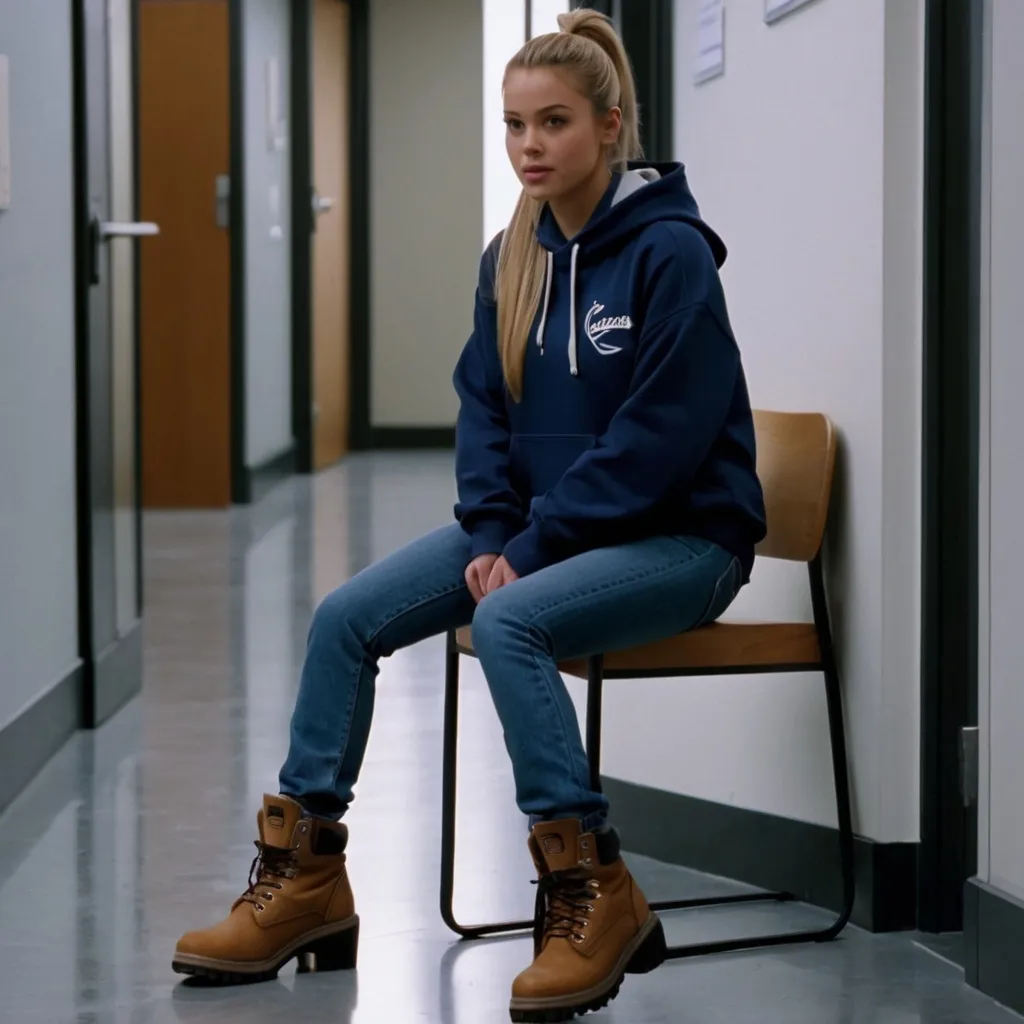 Prompt: still frame, 2000s movie, blonde brunette ponytail girl, wearing dark blue work hoodie, jeans, thick light brown steel toe timberlend boots, office hallway, on chair