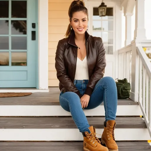 Prompt: write a  1990s tv report, beautiful brunette ponytail reporter woman, wearing a leather jacket, sweater, jeans, thick light brown timberland boots,standing on a porch at beach house
