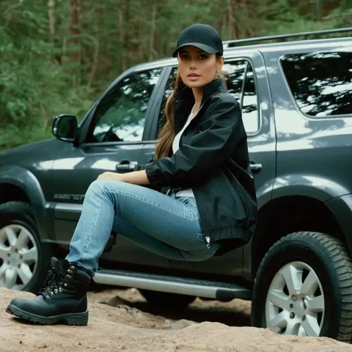 Prompt: still frame, 2000s movie, brunette ponytail woman, wearing black cap, black work jacket, jeans, thick black steel toe hiking boots, sitting in suv