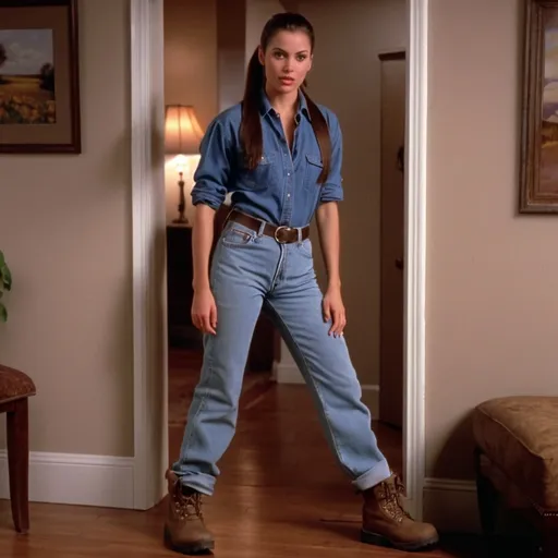 Prompt: still frame, 1990s movie, brunette ponytail woman, wearing shirt, jeans, thick light brown steel toe hiking boots, american living room, holds back against wall
