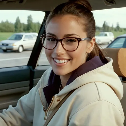 Prompt: still frame, 1990s movie, beautiful brunette ponytail reporter woman, wearing hoodie, glasses, shorts, thick light brown timberland boots, smiling, inside car
