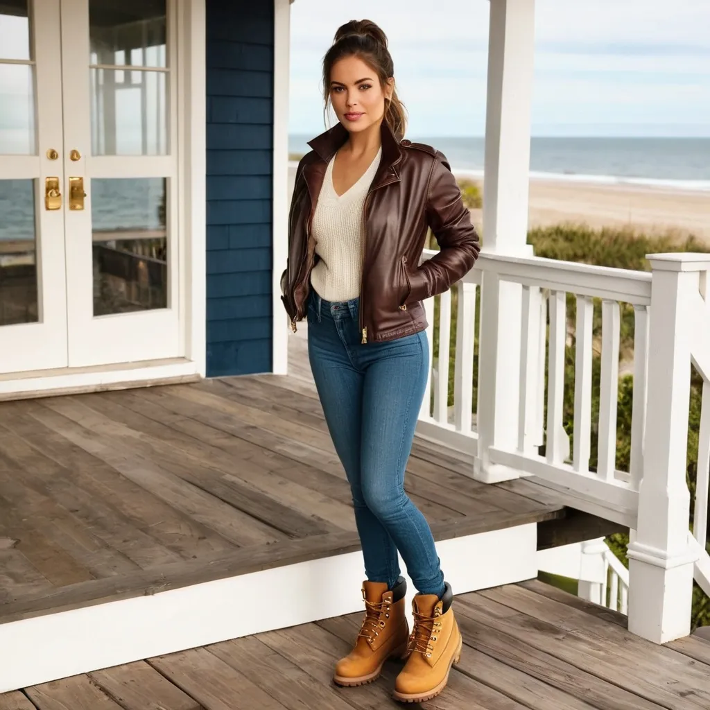 Prompt: write a  1990s tv report, beautiful brunette ponytail reporter woman, wearing a leather jacket, sweater, jeans, thick light brown timberland boots,standing on a porch at beach house