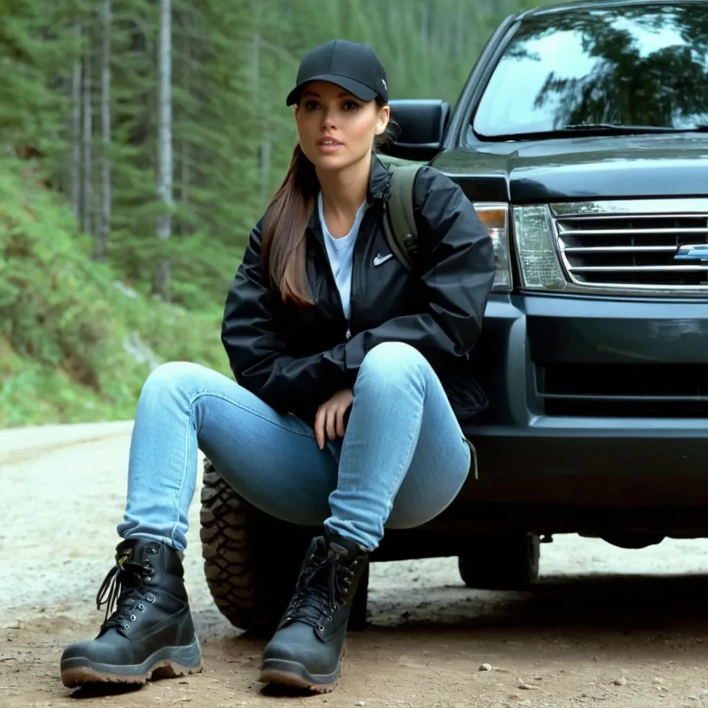 Prompt: still frame, 2000s movie, brunette ponytail woman, wearing black cap, black work jacket, jeans, thick black steel toe hiking boots, sitting in suv