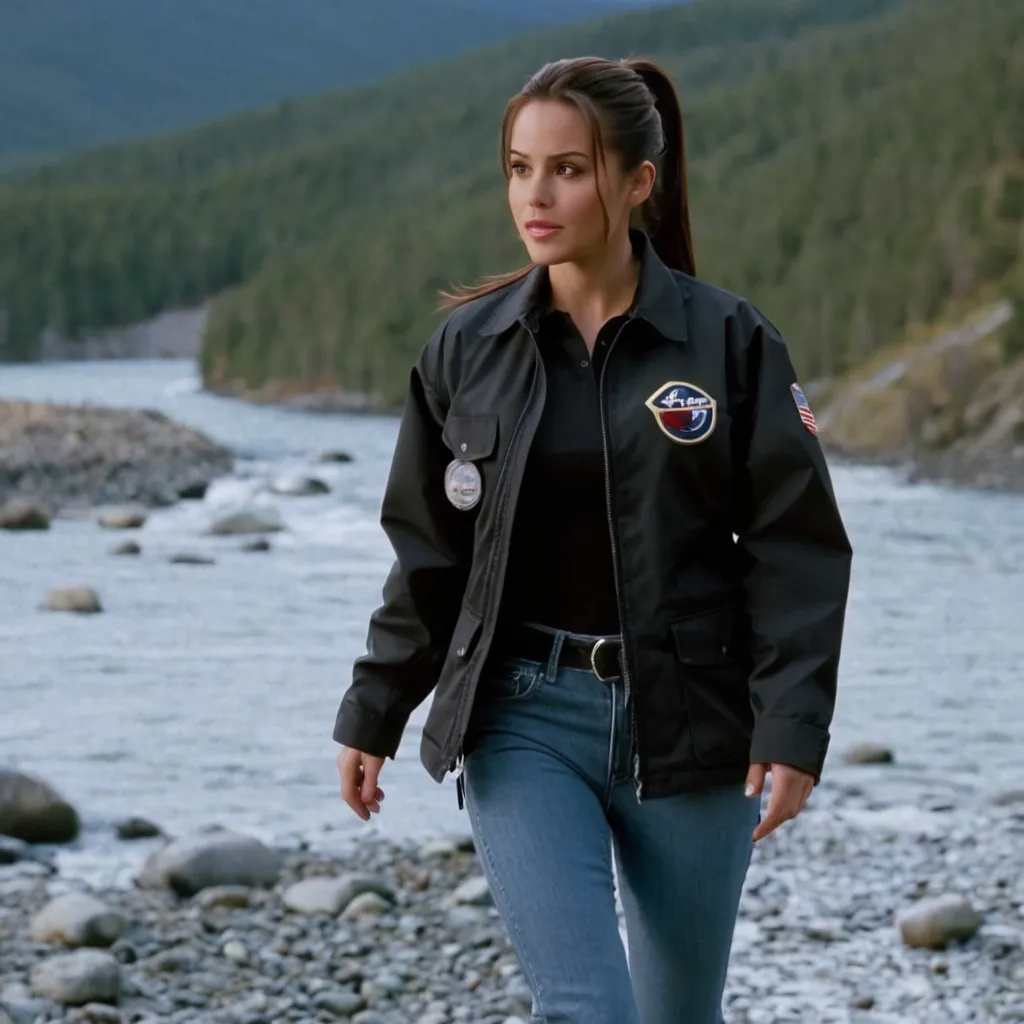 Prompt: still frame, 2000s movie, brunette ponytail woman, wearing black work jacket, jeans, thick black steel toe hiking boots, american office