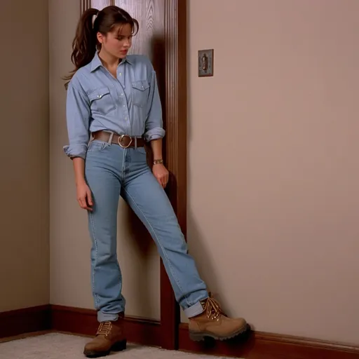 Prompt: still frame, 1990s movie, shy brunette ponytail woman, wearing shirt, jeans, thick light brown steel toe hiking boots, american living room, holds back against wall,damselpose,handcuffed,escorted by,photo r3al,restrained