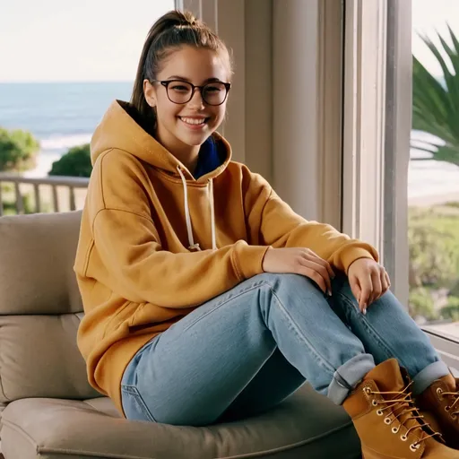 Prompt: still frame, 1990s movie, beautiful brunette ponytail teenage girl, wearing hoodie, glasses, shorts, thick light brown timberland boots, smiling, sitting on chair against big window, malibu, cross legs