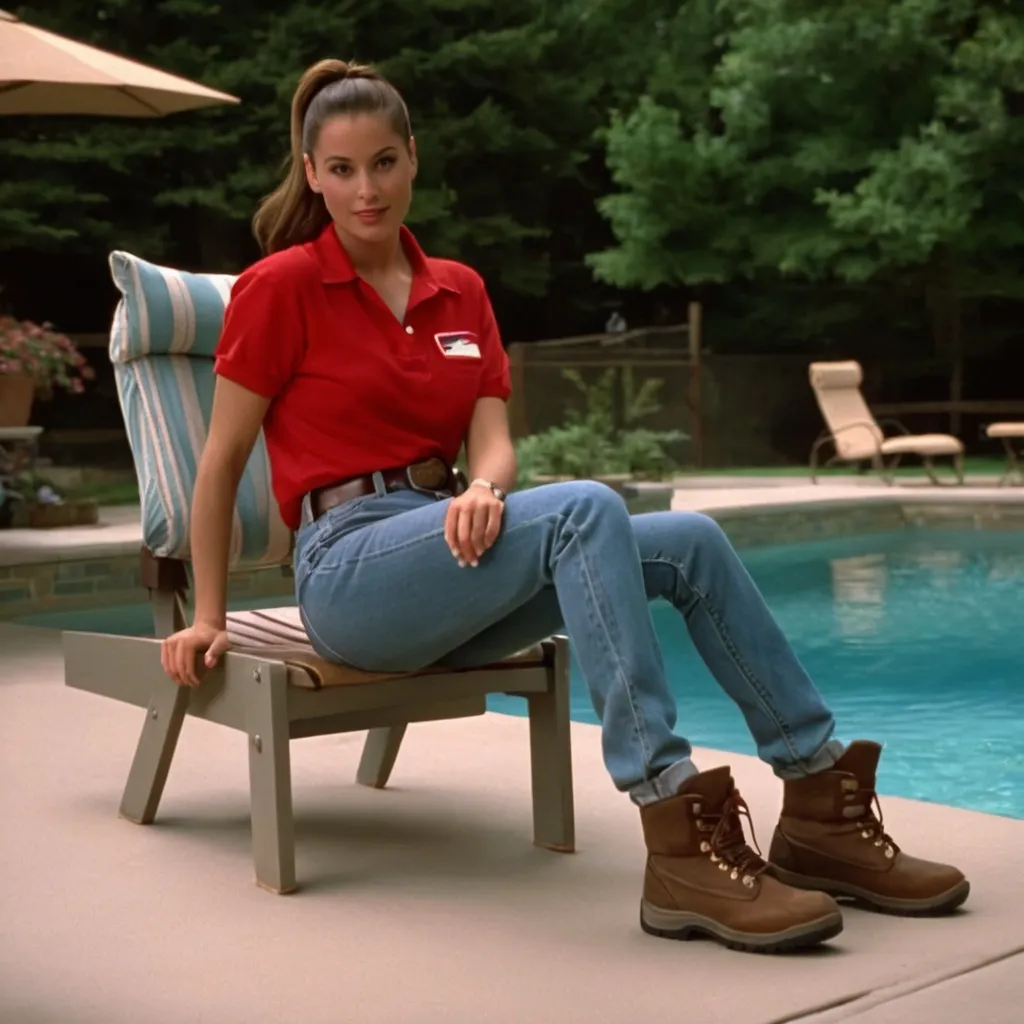 Prompt: still frame, 1990s movie, brunette ponytail woman, wearing shirt, jeans, thick light brown steel toe hiking boots, american living room, lying on chair, swimming pool