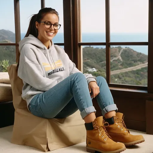 Prompt: still frame, 1990s movie, beautiful brunette ponytail reporter woman, wearing hoodie, glasses, shorts, thick light brown timberland boots, smiling, sitting on chair against big window, malibu, cross legs