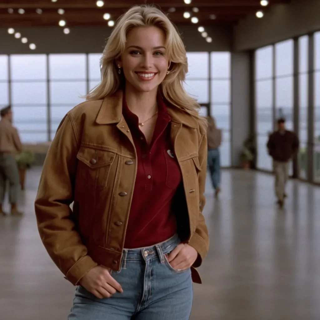 Prompt: still frame, 1990s movie, beautiful blonde woman, wearing brown jacket, jeans, thick light brown timberlend boots, smiling, standing