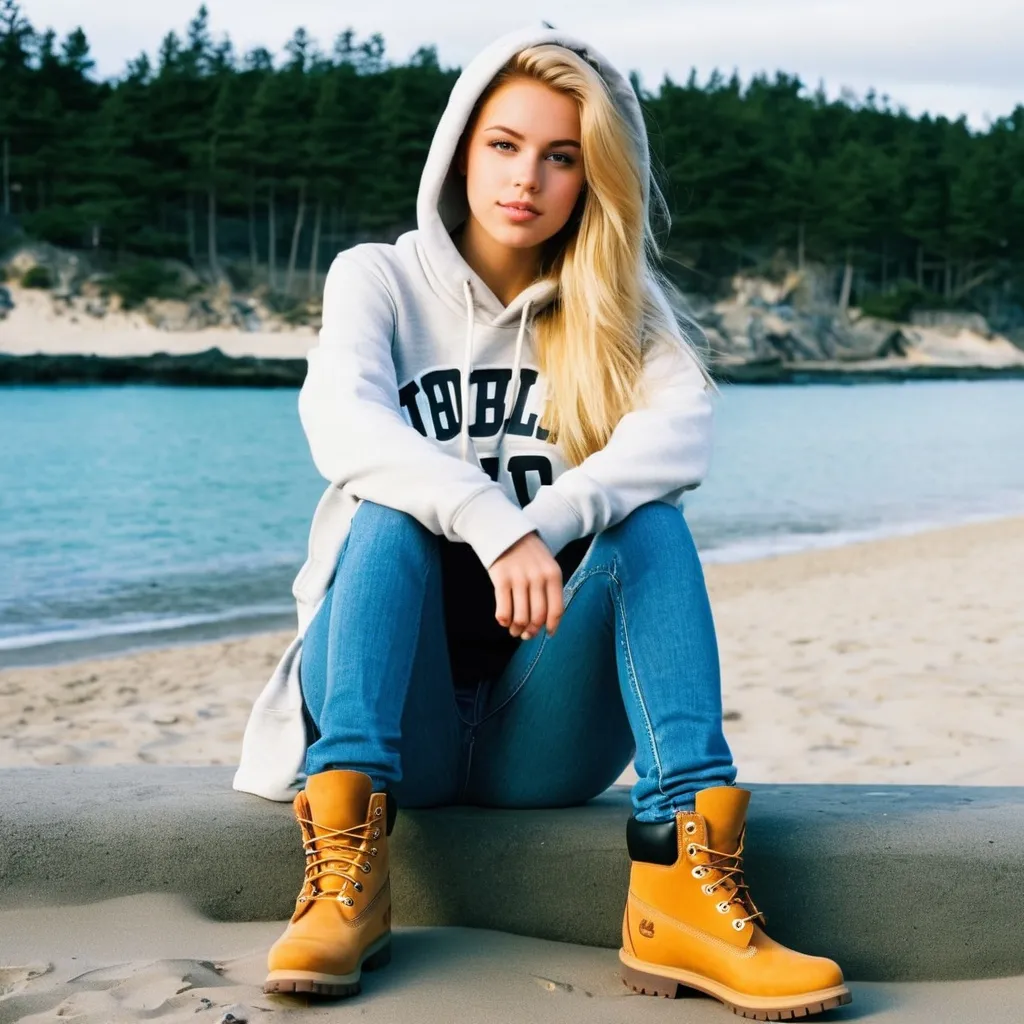 Prompt: beautiful blonde college girl, wearing wearing a hoodie , jeans and heavy timberland boots, beach, 2002 style