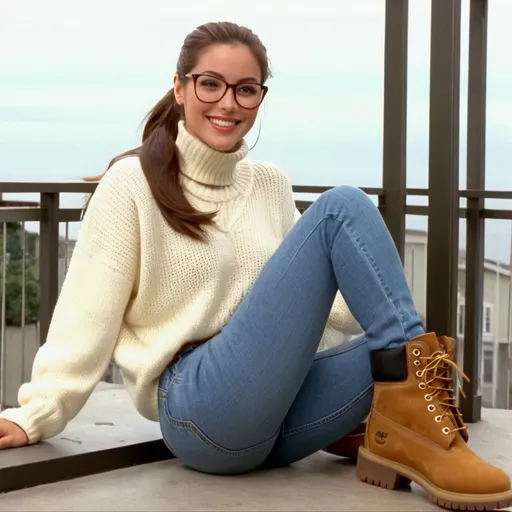 Prompt: still frame, 1990s movie, beautiful brunette ponytail reporter woman, wearing big sweater, glasses, jeans, thick light brown timberland boots, smilling, sitting in balcony, legs up, summer, new jersey