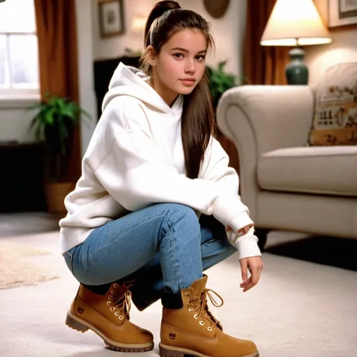 Prompt: still frame, 1990s movie, shy brunette ponytail teenage girl, wearing big hoodie, jeans, thick light brown timberland boots, american living room, 