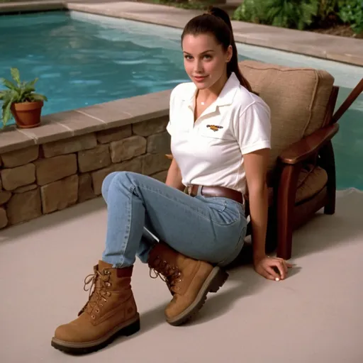 Prompt: still frame, 1990s movie, brunette ponytail woman, wearing shirt, jeans, thick light brown steel toe hiking boots, american living room, lying on chair, swimming pool