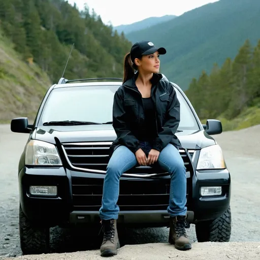 Prompt: still frame, 2000s movie, brunette ponytail woman, wearing black cap, black work jacket, jeans, thick black steel toe hiking boots, sitting in suv