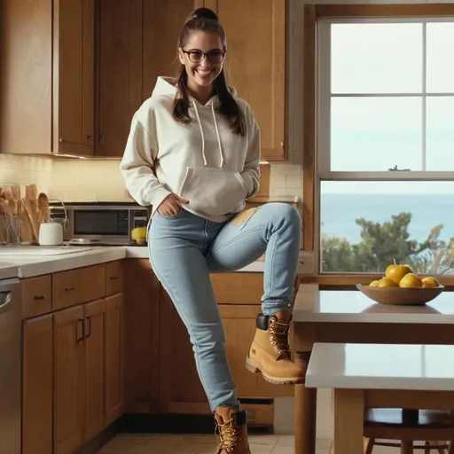 Prompt: still frame, 1990s movie, beautiful brunette ponytail reporter woman, wearing hoodie, glasses, shorts, thick light brown timberland boots, smiling, standing in the kitchen, cooking, malibu, cross legs