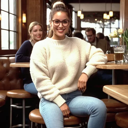 Prompt: still frame, 1990s movie, beautiful brunette ponytail reporter woman, wearing fuzzy sweater, glasses, jeans, thick light brown timberland boots, smilling, sitting in restaurant, boots on seat