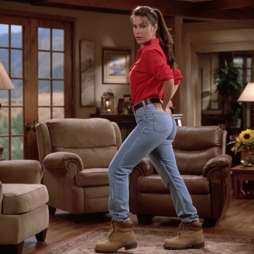 Prompt: still frame, 1990s movie, brunette ponytail woman, wearing shirt, jeans, thick light brown steel toe hiking boots, american living room, arms held behind