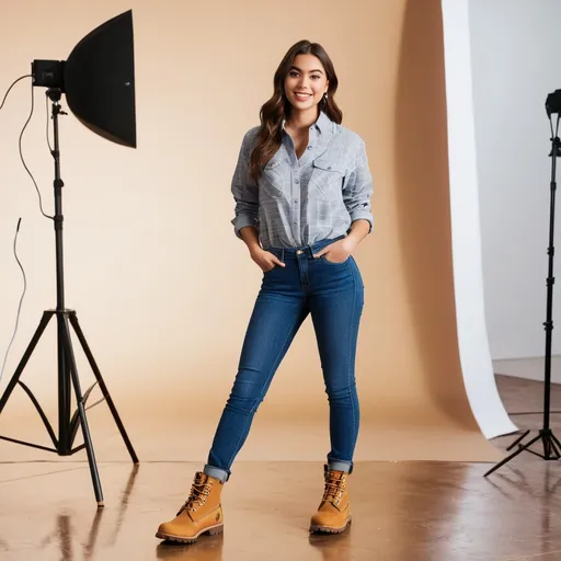 Prompt: The camera zooms in on LILY, a confident 20-year-old female reporter, standing in the middle of a well-lit studio. She's dressed in a casual yet professional ensemble—a snug shirt, jeans, and heavy Timberland boots. Lily addresses the camera with a lively demeanor.

