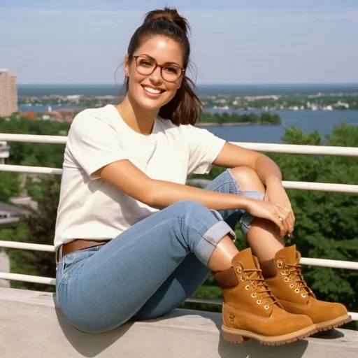 Prompt: still frame, 1990s movie, beautiful brunette ponytail reporter woman, wearing t-shirt, glasses, jeans, thick light brown timberland boots, smilling, sitting in balcony, legs up, summer, new jersey