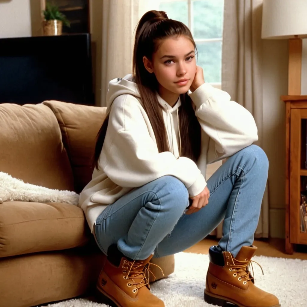 Prompt: still frame, 1990s movie, shy brunette ponytail teenage girl, wearing big hoodie, jeans, thick light brown timberland boots, american living room, sitting on beanbag