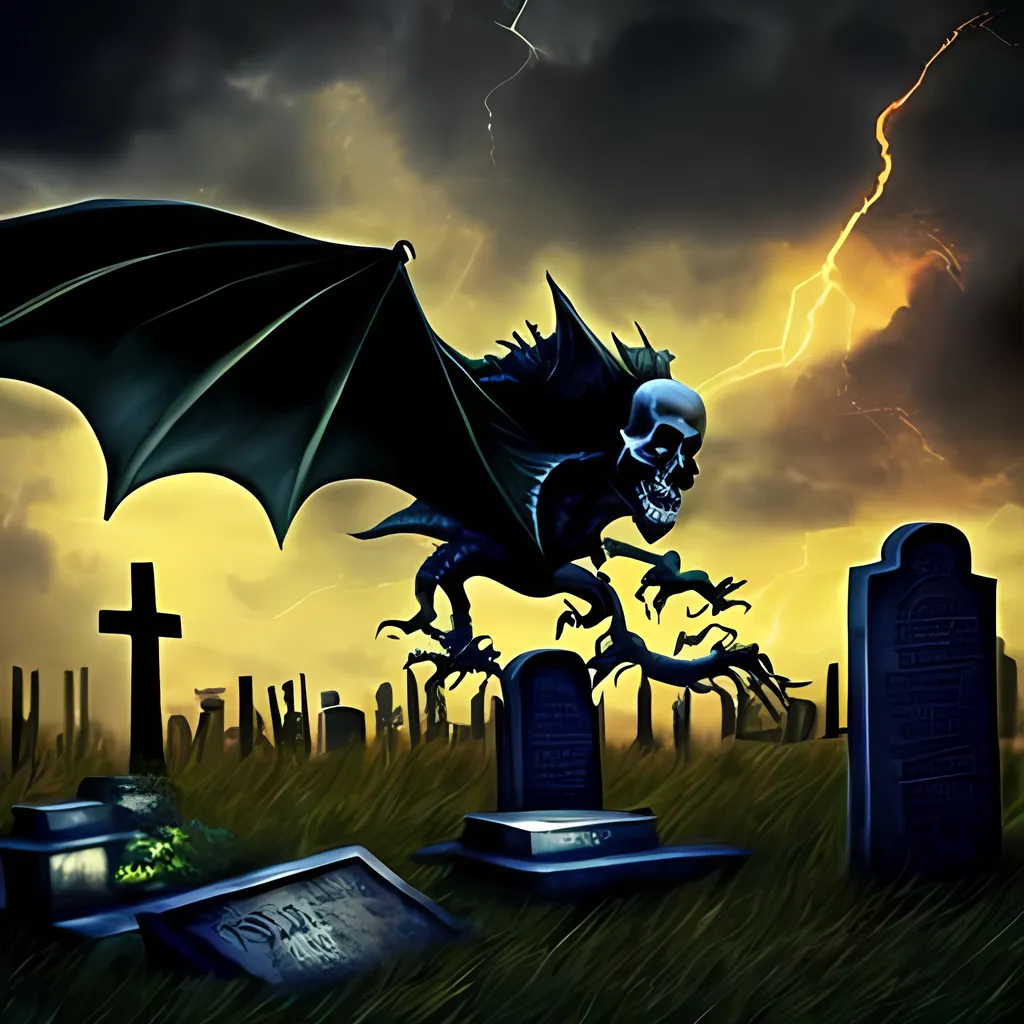 Prompt: skull in the grave yard, thunder, night time, dragon flying, cool art, 3d, darwatch, gangster