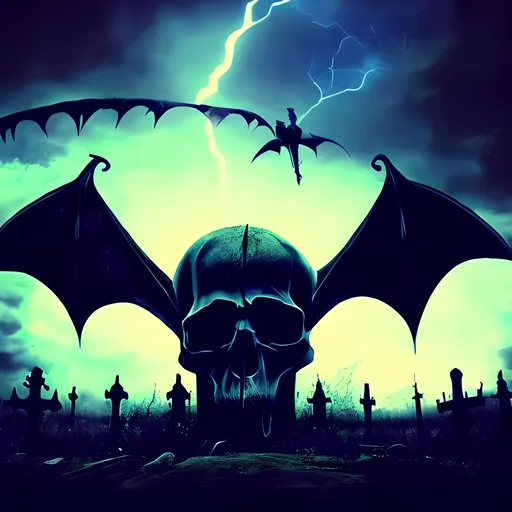 Prompt: skull in the grave yard, thunder, night time, dragon flying, cool art, 3d, darwatch, gangster, cool dark art, text saying "Lord 3 Shots" 