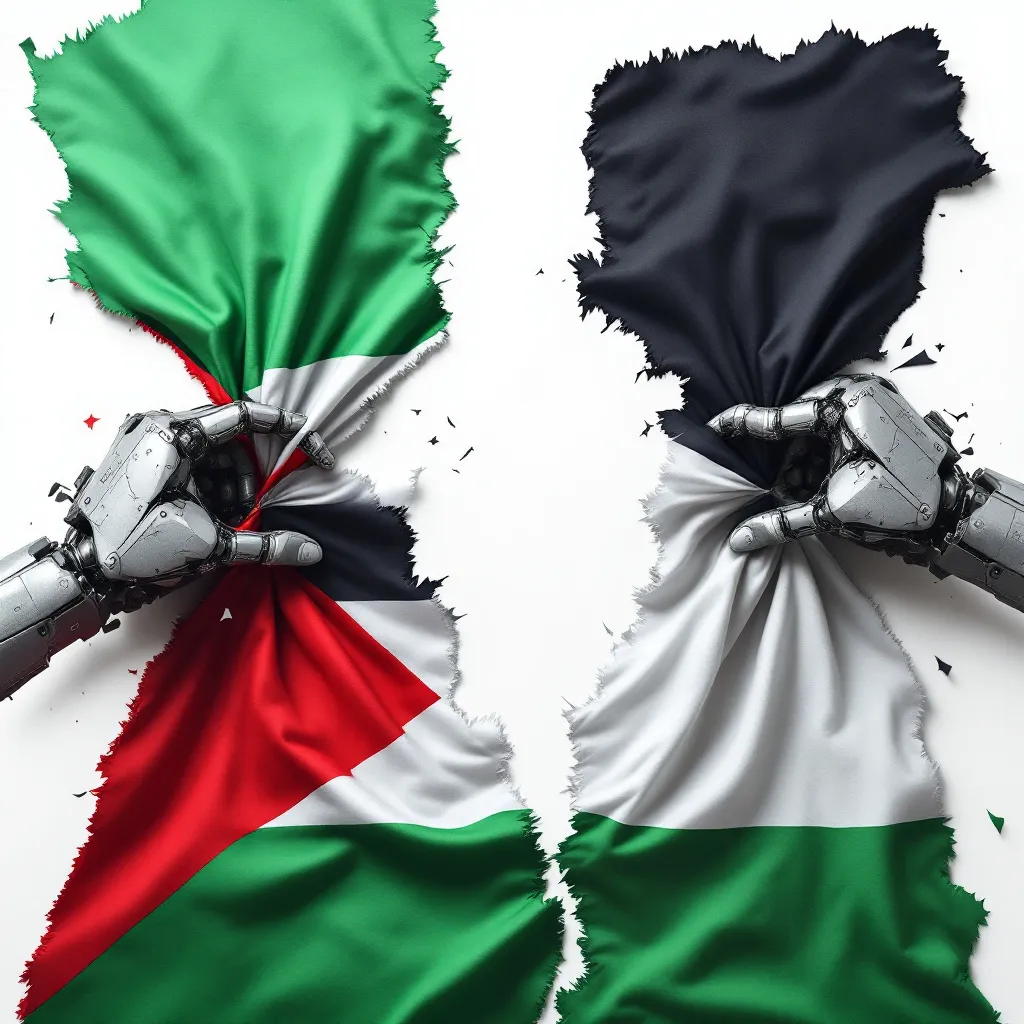 Prompt: A Palestinian flag being shredded like paper, with hands or mechanical arms labeled “Israel” and “America” pulling it apart.